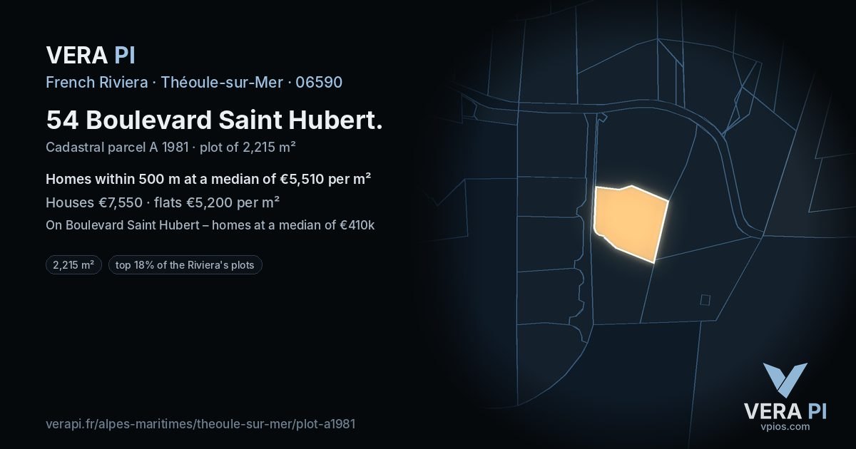 54 Boulevard Saint Hubert, Théoule-sur-Mer at night – the plot lit, the parcels around coloured by the prices near them