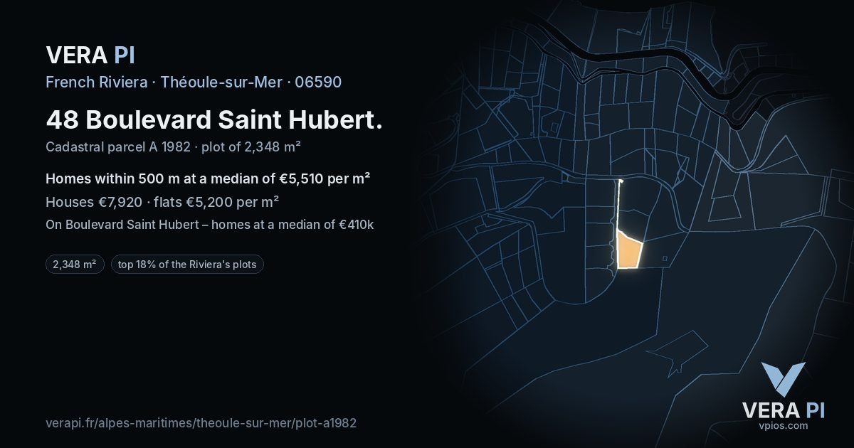 48 Boulevard Saint Hubert, Théoule-sur-Mer at night – the plot lit, the parcels around coloured by the prices near them
