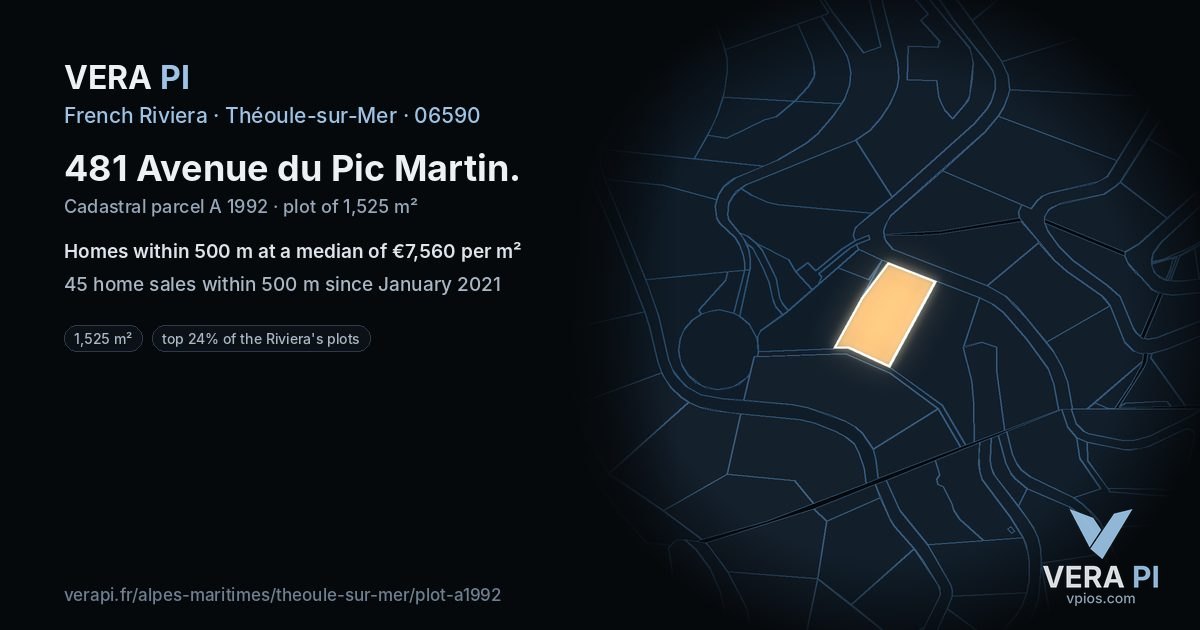 481 Avenue du Pic Martin, Théoule-sur-Mer at night – the plot lit, the parcels around coloured by the prices near them