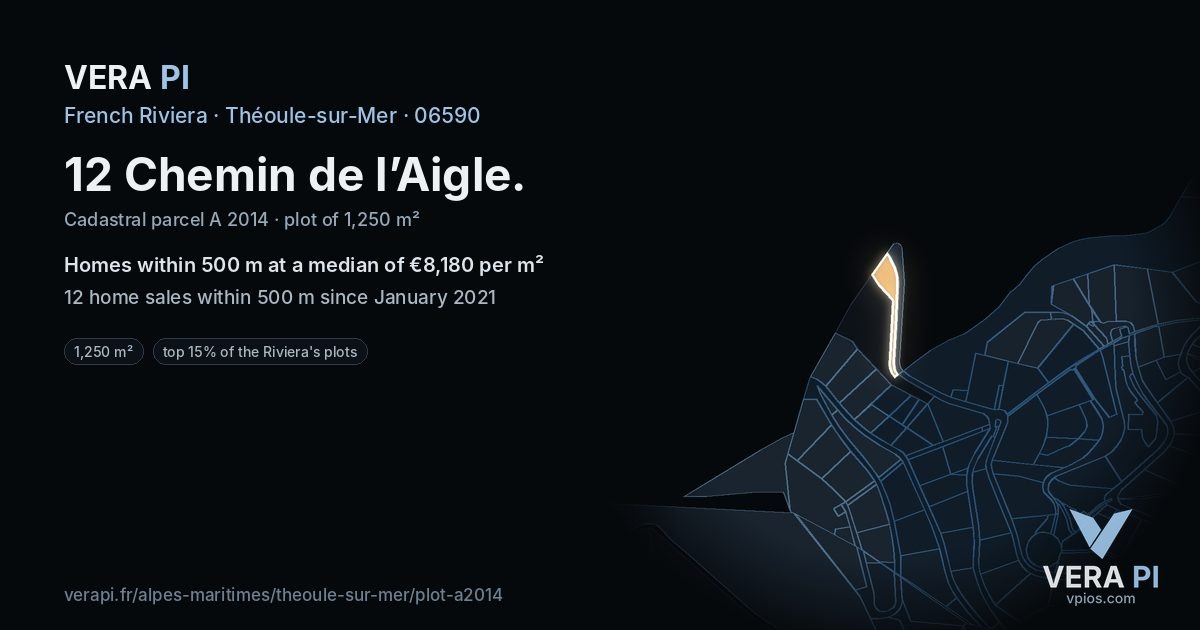 12 Chemin de l’Aigle, Théoule-sur-Mer at night – the plot lit, the parcels around coloured by the prices near them
