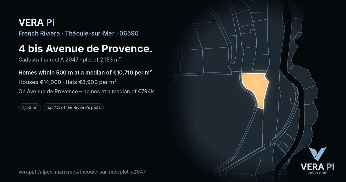 4 bis Avenue de Provence, Théoule-sur-Mer at night – the plot lit, the parcels around coloured by the prices near them