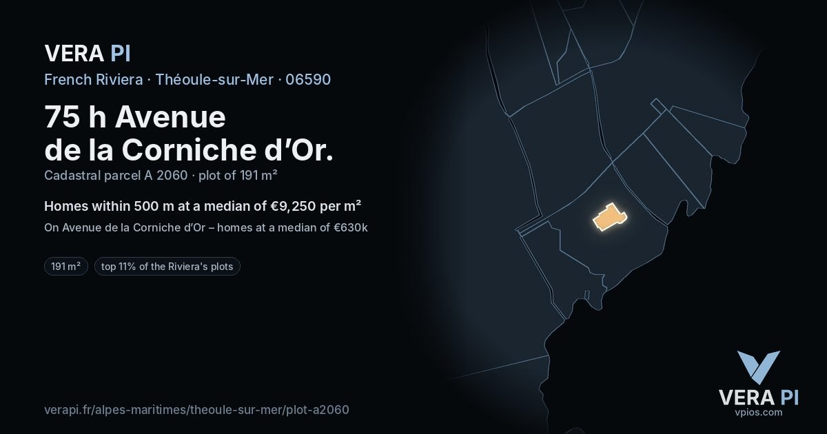 75 h Avenue de la Corniche d’Or, Théoule-sur-Mer at night – the plot lit, the parcels around coloured by the prices near them