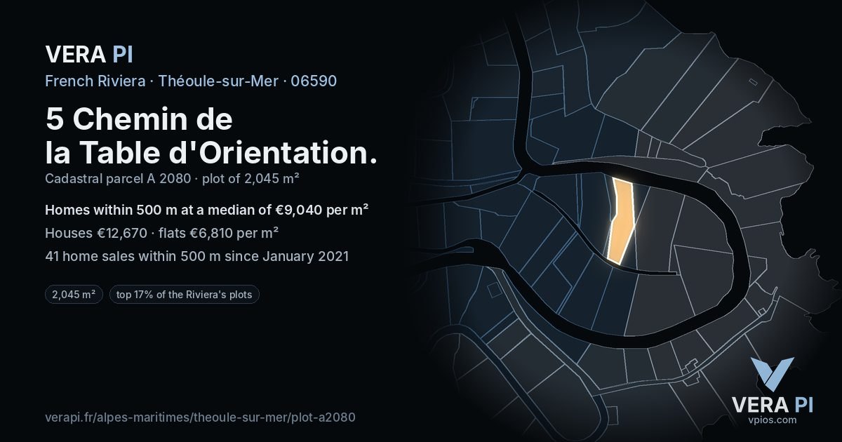 5 Chemin de la Table d'Orientation, Théoule-sur-Mer at night – the plot lit, the parcels around coloured by the prices near them