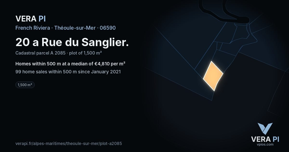20 a Rue du Sanglier, Théoule-sur-Mer at night – the plot lit, the parcels around coloured by the prices near them
