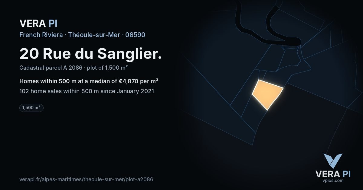 20 Rue du Sanglier, Théoule-sur-Mer at night – the plot lit, the parcels around coloured by the prices near them