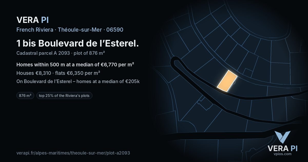 1 bis Boulevard de l’Esterel, Théoule-sur-Mer at night – the plot lit, the parcels around coloured by the prices near them