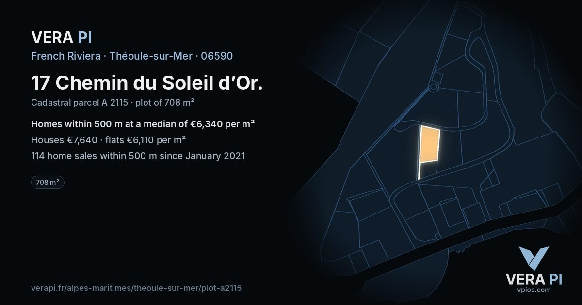 17 Chemin du Soleil d’Or, Théoule-sur-Mer at night – the plot lit, the parcels around coloured by the prices near them