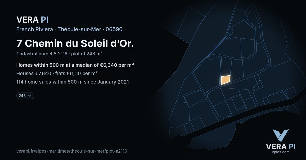 7 Chemin du Soleil d’Or, Théoule-sur-Mer at night – the plot lit, the parcels around coloured by the prices near them