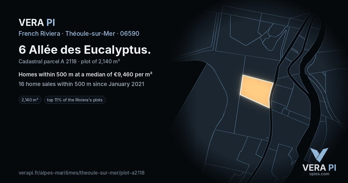6 Allée des Eucalyptus, Théoule-sur-Mer at night – the plot lit, the parcels around coloured by the prices near them