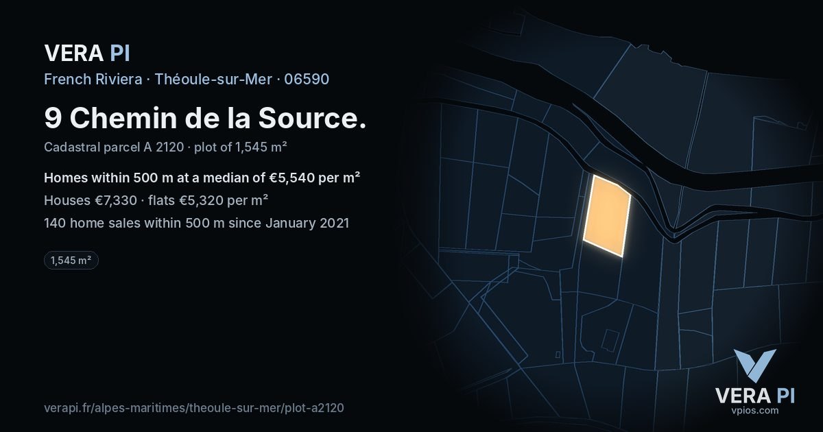 9 Chemin de la Source, Théoule-sur-Mer at night – the plot lit, the parcels around coloured by the prices near them
