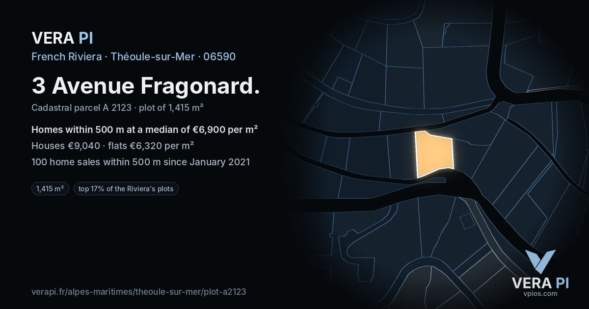3 Avenue Fragonard, Théoule-sur-Mer at night – the plot lit, the parcels around coloured by the prices near them