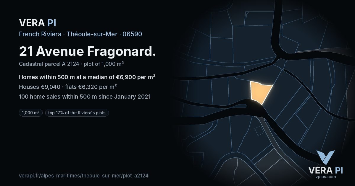21 Avenue Fragonard, Théoule-sur-Mer at night – the plot lit, the parcels around coloured by the prices near them