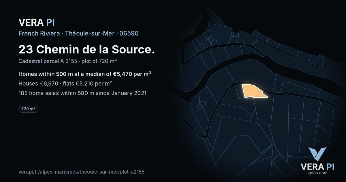 23 Chemin de la Source, Théoule-sur-Mer at night – the plot lit, the parcels around coloured by the prices near them