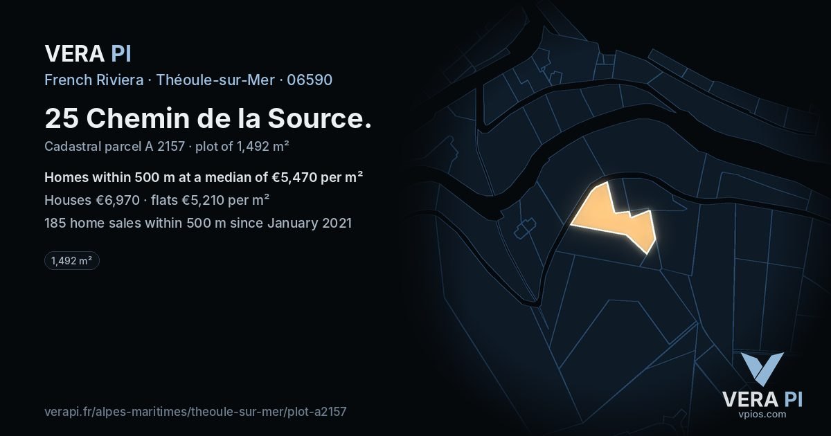 25 Chemin de la Source, Théoule-sur-Mer at night – the plot lit, the parcels around coloured by the prices near them