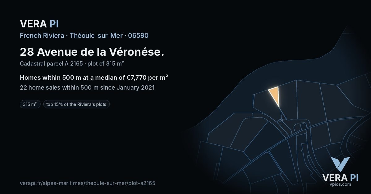 28 Avenue de la Véronése, Théoule-sur-Mer at night – the plot lit, the parcels around coloured by the prices near them