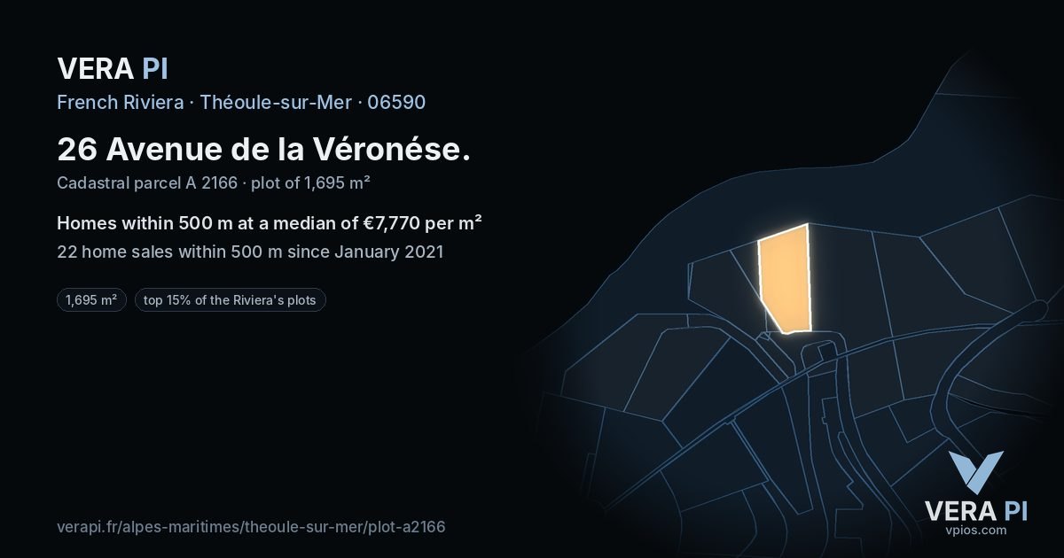 26 Avenue de la Véronése, Théoule-sur-Mer at night – the plot lit, the parcels around coloured by the prices near them