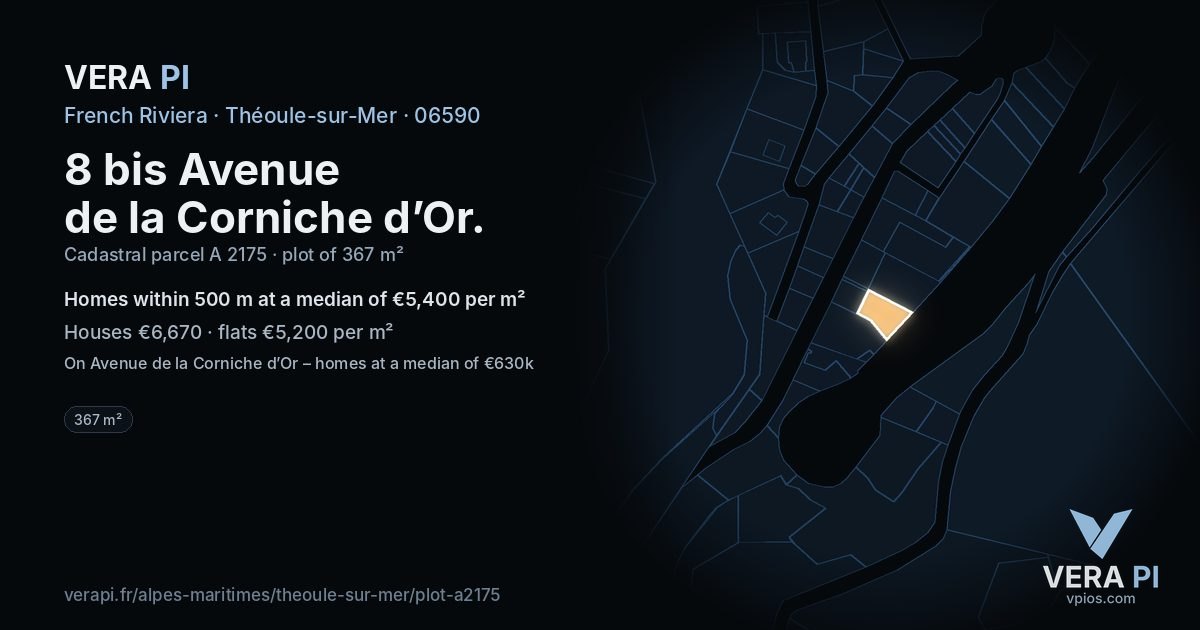 8 bis Avenue de la Corniche d’Or, Théoule-sur-Mer at night – the plot lit, the parcels around coloured by the prices near them