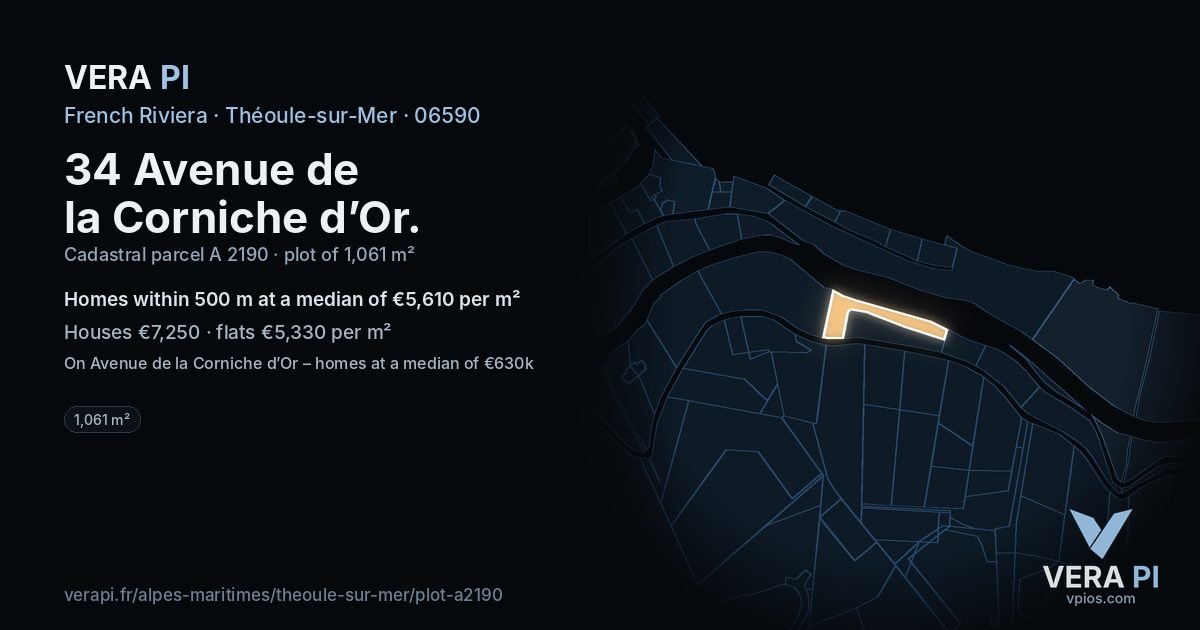 34 Avenue de la Corniche d’Or, Théoule-sur-Mer at night – the plot lit, the parcels around coloured by the prices near them