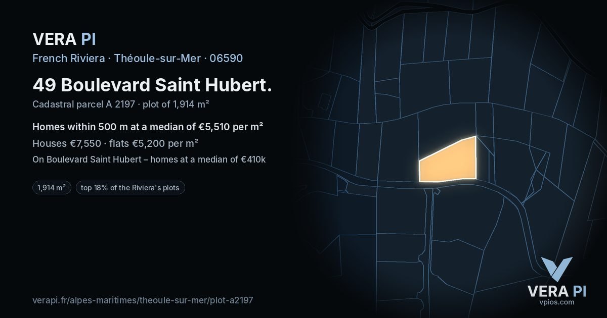49 Boulevard Saint Hubert, Théoule-sur-Mer at night – the plot lit, the parcels around coloured by the prices near them