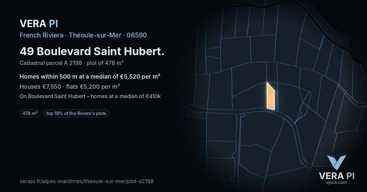 49 Boulevard Saint Hubert, Théoule-sur-Mer at night – the plot lit, the parcels around coloured by the prices near them