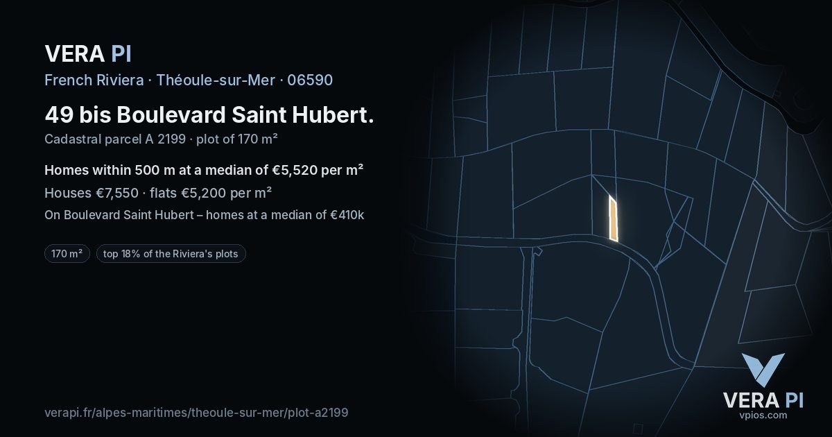 49 bis Boulevard Saint Hubert, Théoule-sur-Mer at night – the plot lit, the parcels around coloured by the prices near them