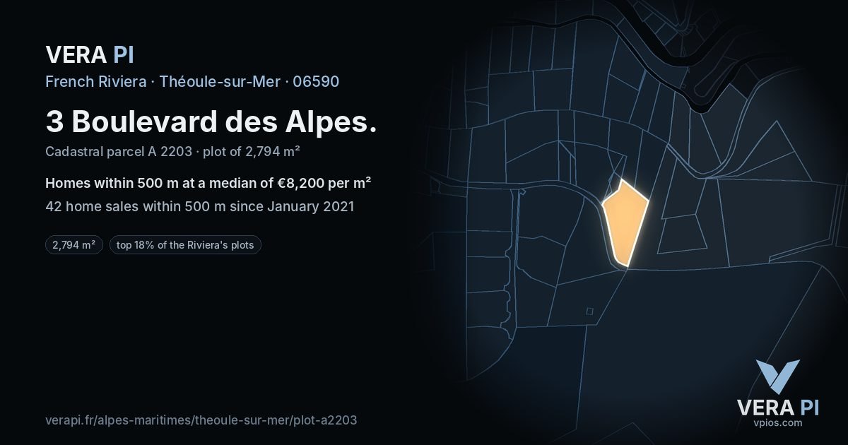 3 Boulevard des Alpes, Théoule-sur-Mer at night – the plot lit, the parcels around coloured by the prices near them