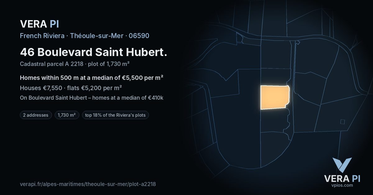 46 Boulevard Saint Hubert, Théoule-sur-Mer at night – the plot lit, the parcels around coloured by the prices near them