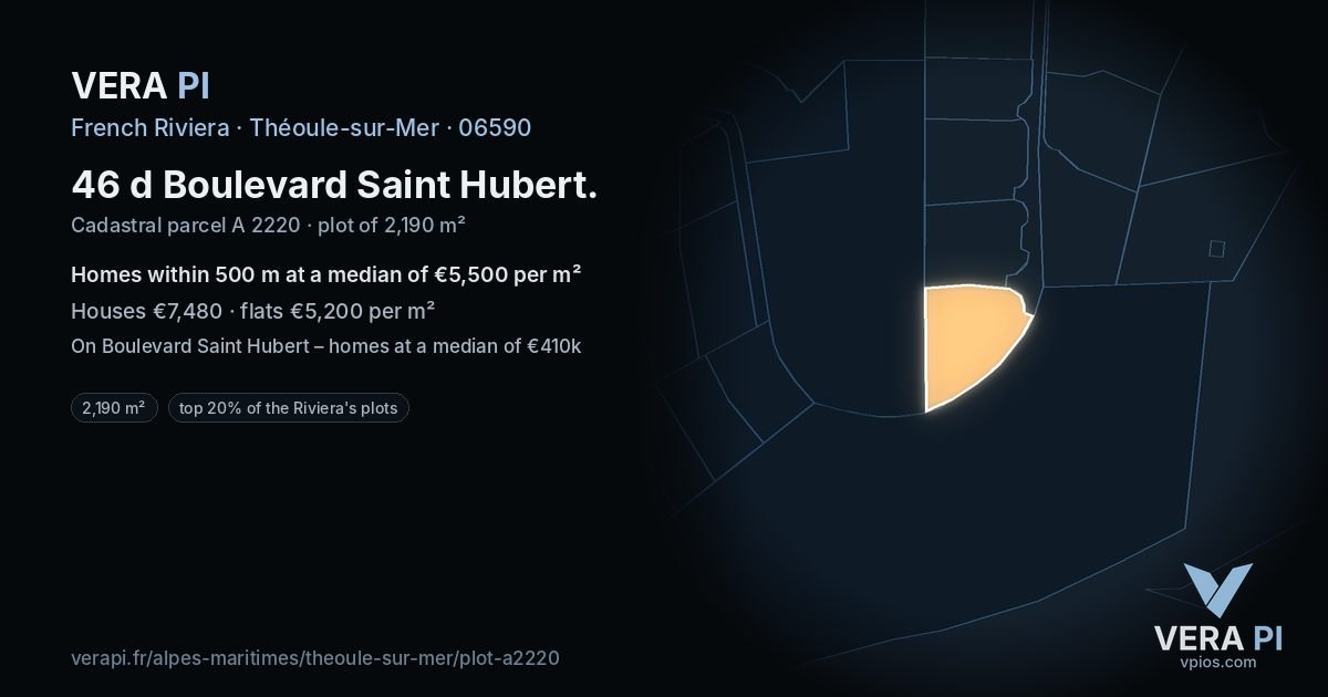 46 d Boulevard Saint Hubert, Théoule-sur-Mer at night – the plot lit, the parcels around coloured by the prices near them