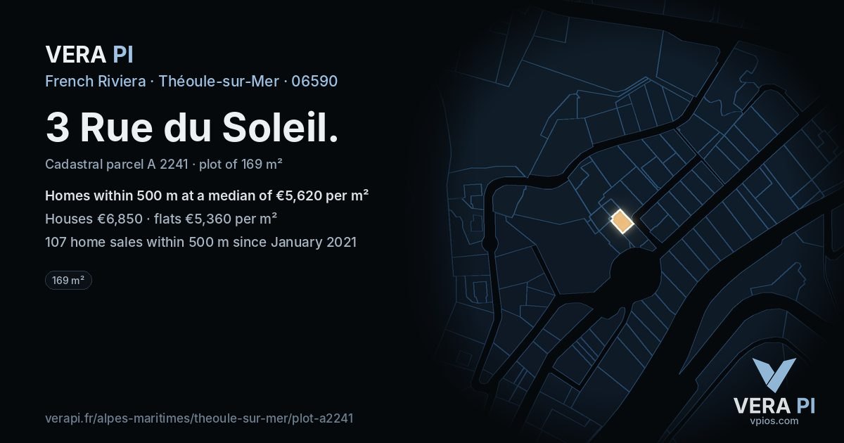 3 Rue du Soleil, Théoule-sur-Mer at night – the plot lit, the parcels around coloured by the prices near them