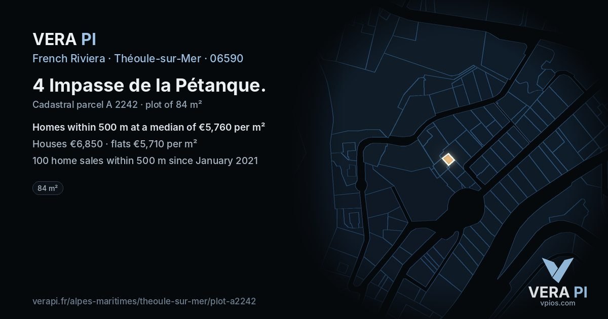 4 Impasse de la Pétanque, Théoule-sur-Mer at night – the plot lit, the parcels around coloured by the prices near them
