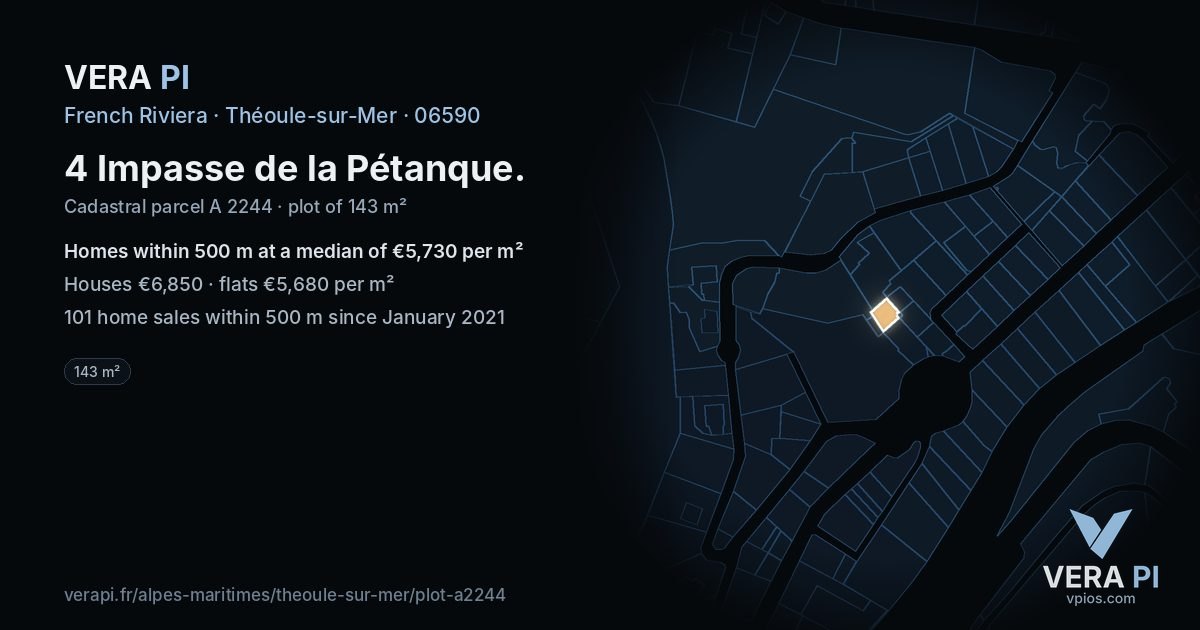 4 Impasse de la Pétanque, Théoule-sur-Mer at night – the plot lit, the parcels around coloured by the prices near them