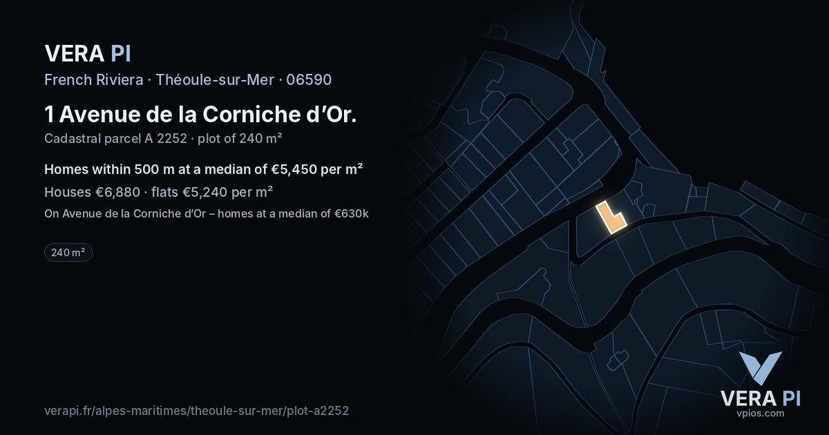 1 Avenue de la Corniche d’Or, Théoule-sur-Mer at night – the plot lit, the parcels around coloured by the prices near them