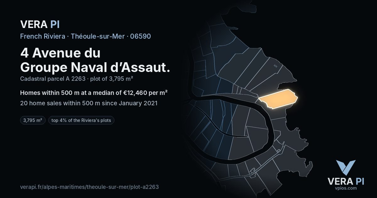 4 Avenue du Groupe Naval d’Assaut, Théoule-sur-Mer at night – the plot lit, the parcels around coloured by the prices near them