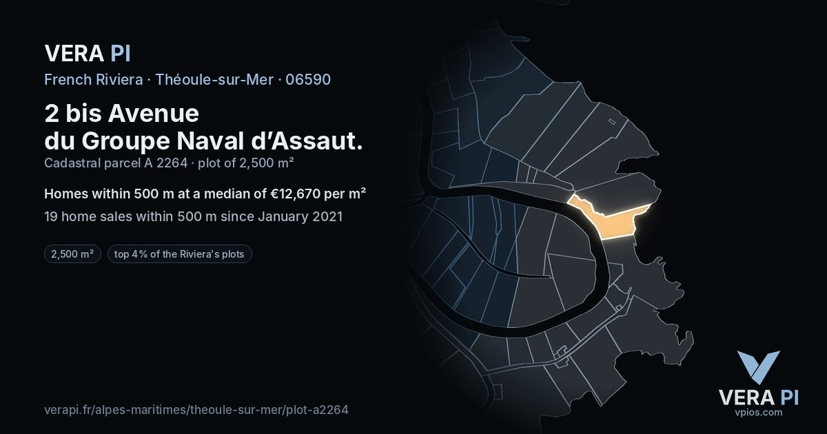 2 bis Avenue du Groupe Naval d’Assaut, Théoule-sur-Mer at night – the plot lit, the parcels around coloured by the prices near them