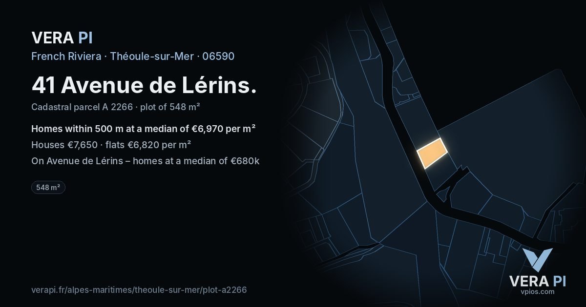 41 Avenue de Lérins, Théoule-sur-Mer at night – the plot lit, the parcels around coloured by the prices near them