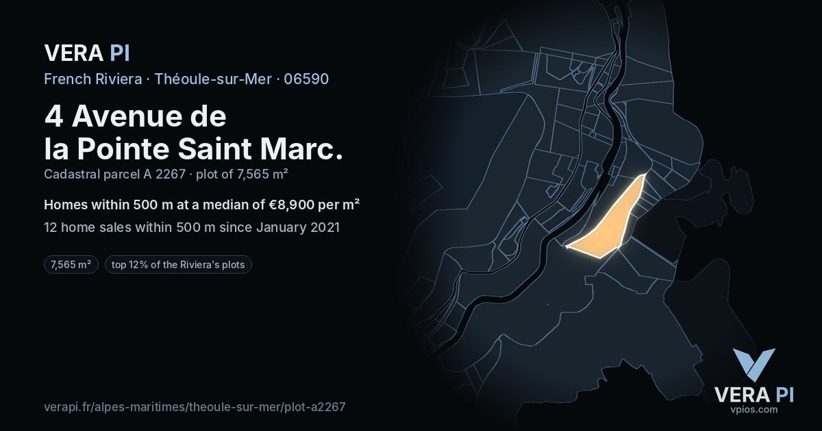 4 Avenue de la Pointe Saint Marc, Théoule-sur-Mer at night – the plot lit, the parcels around coloured by the prices near them