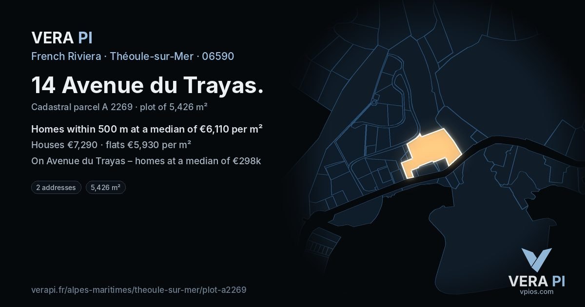 14 Avenue du Trayas, Théoule-sur-Mer at night – the plot lit, the parcels around coloured by the prices near them