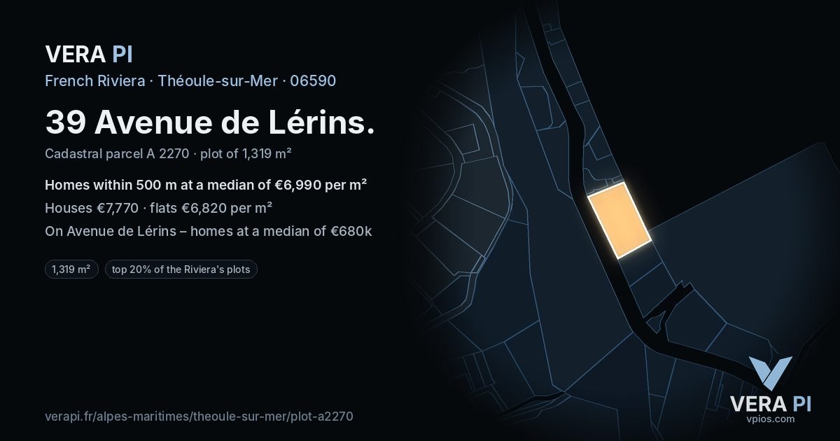 39 Avenue de Lérins, Théoule-sur-Mer at night – the plot lit, the parcels around coloured by the prices near them