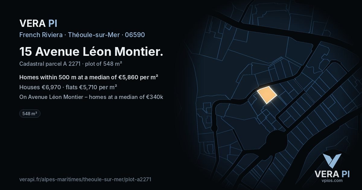 15 Avenue Léon Montier, Théoule-sur-Mer at night – the plot lit, the parcels around coloured by the prices near them