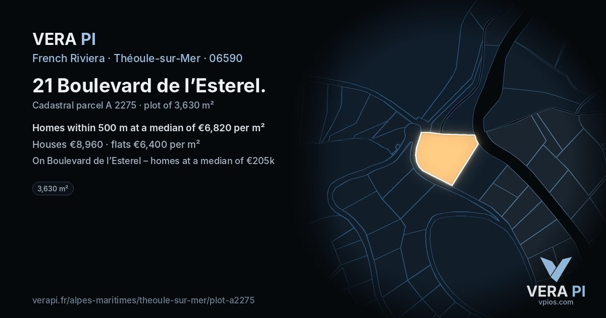 21 Boulevard de l’Esterel, Théoule-sur-Mer at night – the plot lit, the parcels around coloured by the prices near them