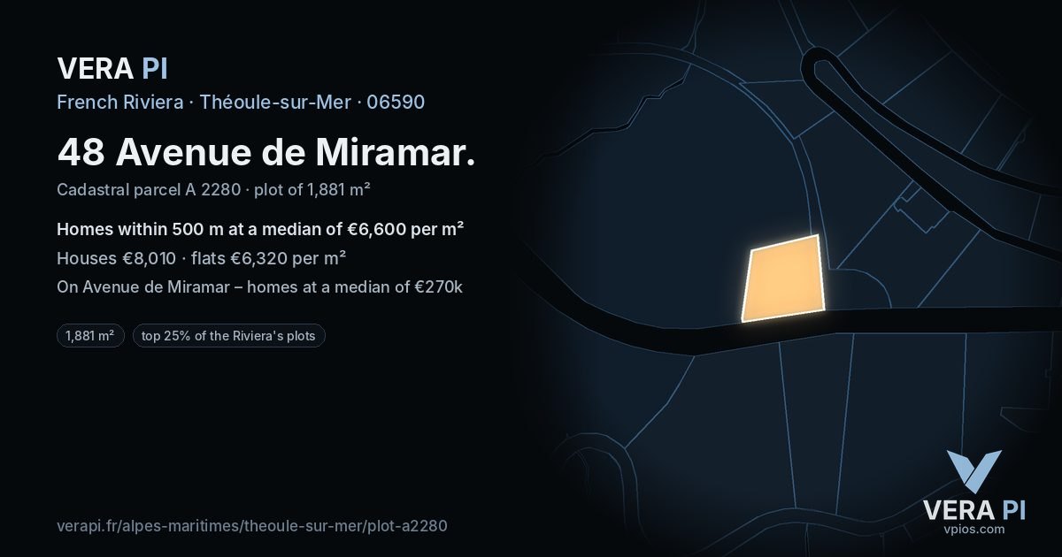 48 Avenue de Miramar, Théoule-sur-Mer at night – the plot lit, the parcels around coloured by the prices near them