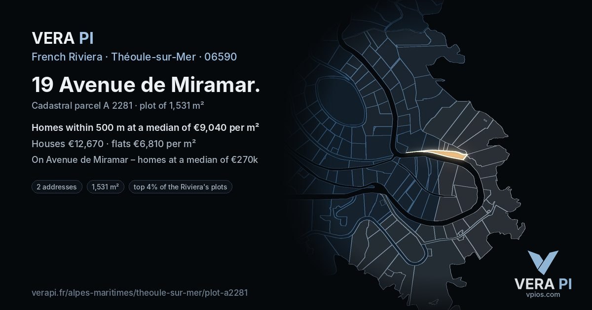 19 Avenue de Miramar, Théoule-sur-Mer at night – the plot lit, the parcels around coloured by the prices near them