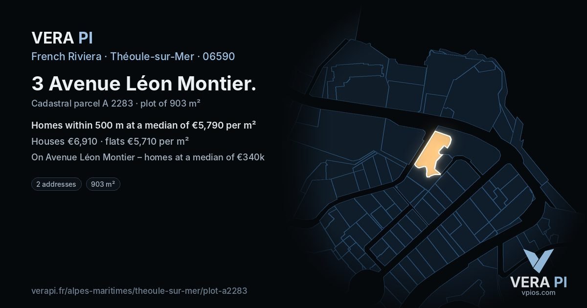 3 Avenue Léon Montier, Théoule-sur-Mer at night – the plot lit, the parcels around coloured by the prices near them