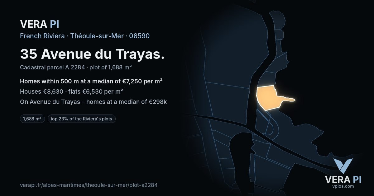 35 Avenue du Trayas, Théoule-sur-Mer at night – the plot lit, the parcels around coloured by the prices near them
