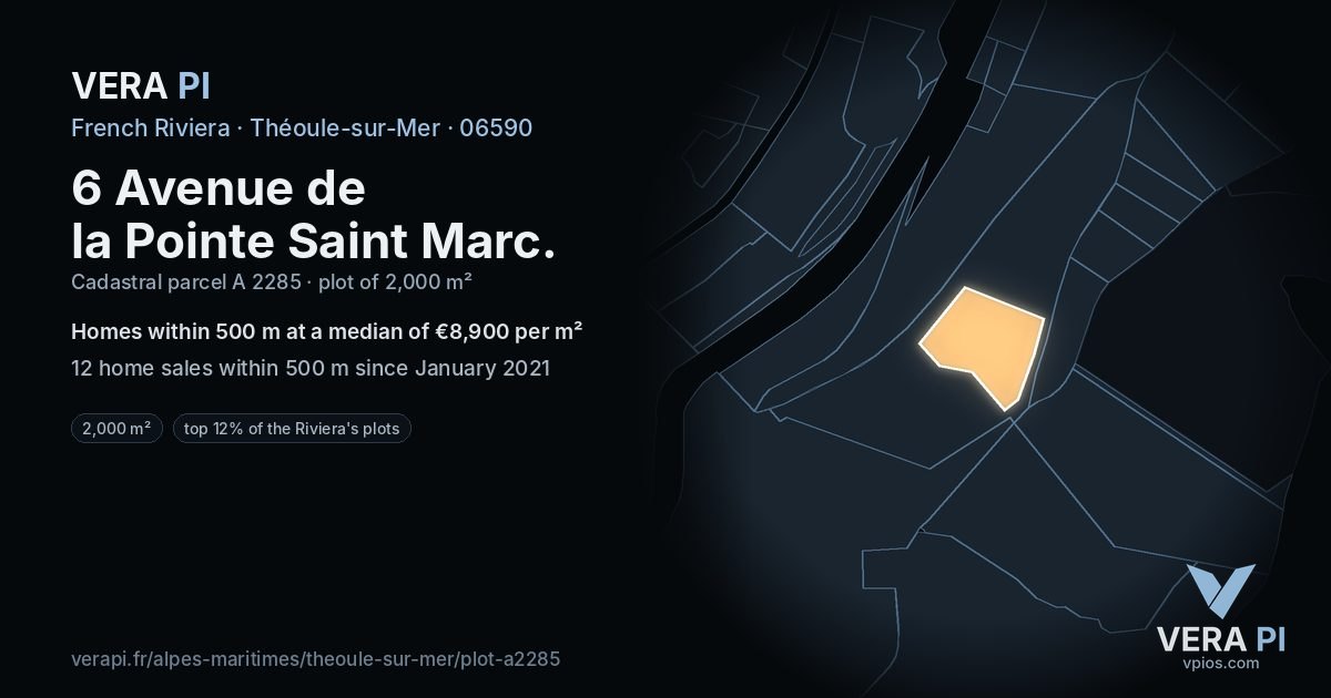 6 Avenue de la Pointe Saint Marc, Théoule-sur-Mer at night – the plot lit, the parcels around coloured by the prices near them