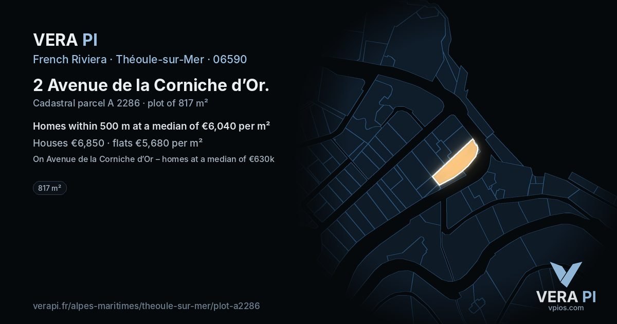 2 Avenue de la Corniche d’Or, Théoule-sur-Mer at night – the plot lit, the parcels around coloured by the prices near them