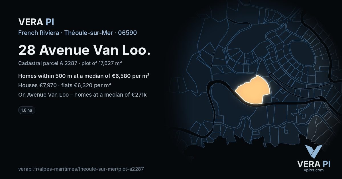 28 Avenue Van Loo, Théoule-sur-Mer at night – the plot lit, the parcels around coloured by the prices near them