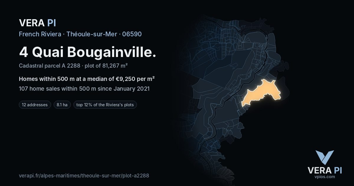 4 Quai Bougainville, Théoule-sur-Mer at night – the plot lit, the parcels around coloured by the prices near them