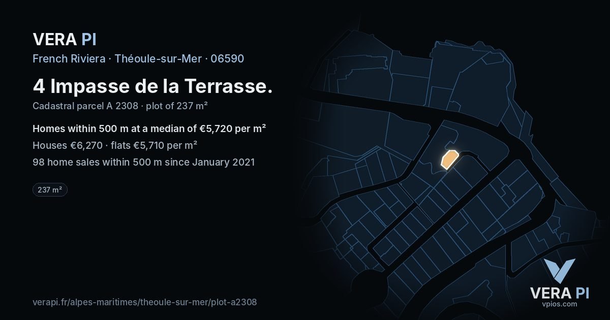 4 Impasse de la Terrasse, Théoule-sur-Mer at night – the plot lit, the parcels around coloured by the prices near them