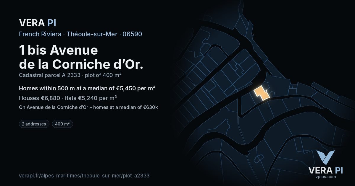 1 bis Avenue de la Corniche d’Or, Théoule-sur-Mer at night – the plot lit, the parcels around coloured by the prices near them